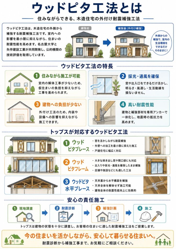 ウッドピタ工法
住みながらできる木造住宅の外付け耐震補強工法
ウッドピタ工法は、名古屋大学と矢作建設工業株式会社が共同開発した木造住宅向けの外付け耐震補強工法です。
従来の耐震補強工事では、室内の壁や天井を大きく解体する必要がありました。
ウッドピタ工法は建物の外側から補強するため、住みながら工事ができ、普段の生活への影響を最小限に抑えながら耐震性能を向上させることができます。技術評価も取得しており、安心して採用いただける耐震補強工法です。